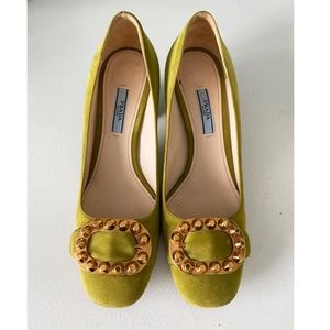 PRADA green suede pumps buckle toe block heel size 38